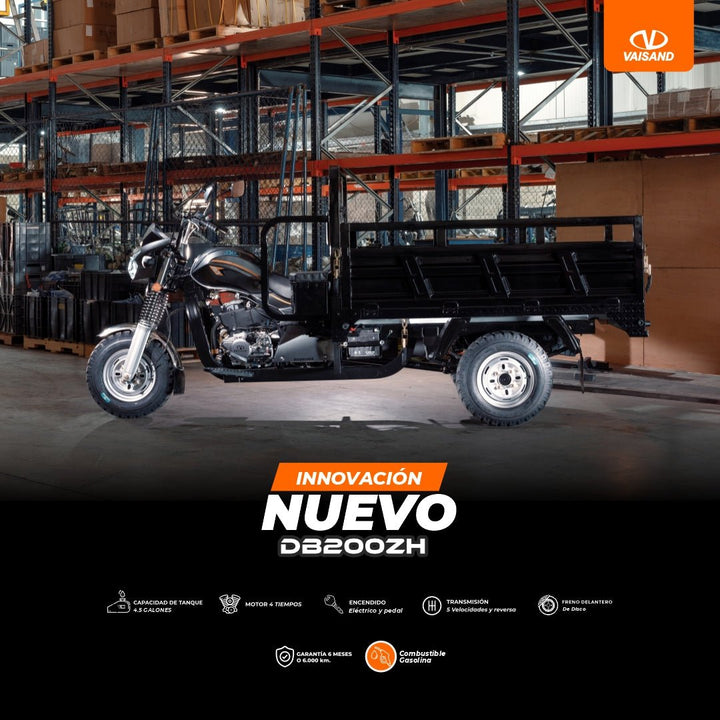 Fotografía de frente del motocarro de carga Vaisand DB200ZH modelo 2026, destacando su platón y robusta capacidad de carga