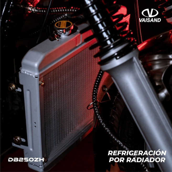 Sistema de refrigeración por radiador del motor del motocarro Vaisand DB250ZH, que asegura un rendimiento óptimo y durabilidad