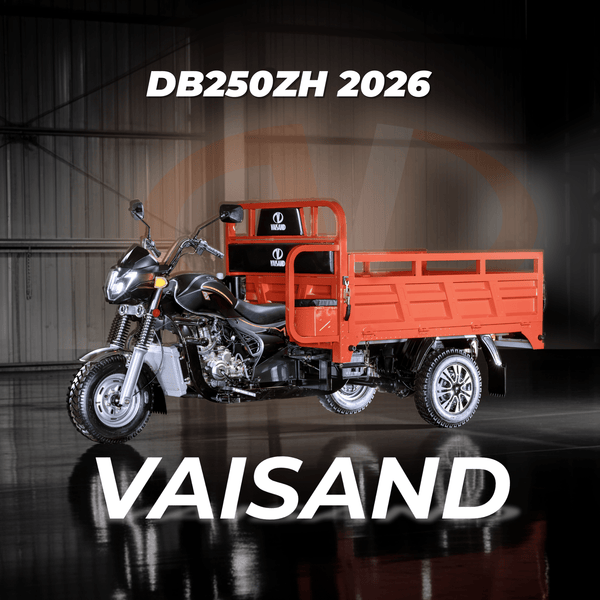 Fotografía del motocarro de carga Vaisand DB250ZH, mostrando su capacidad de carga de 850 kg, listo para labores de transporte pesado.